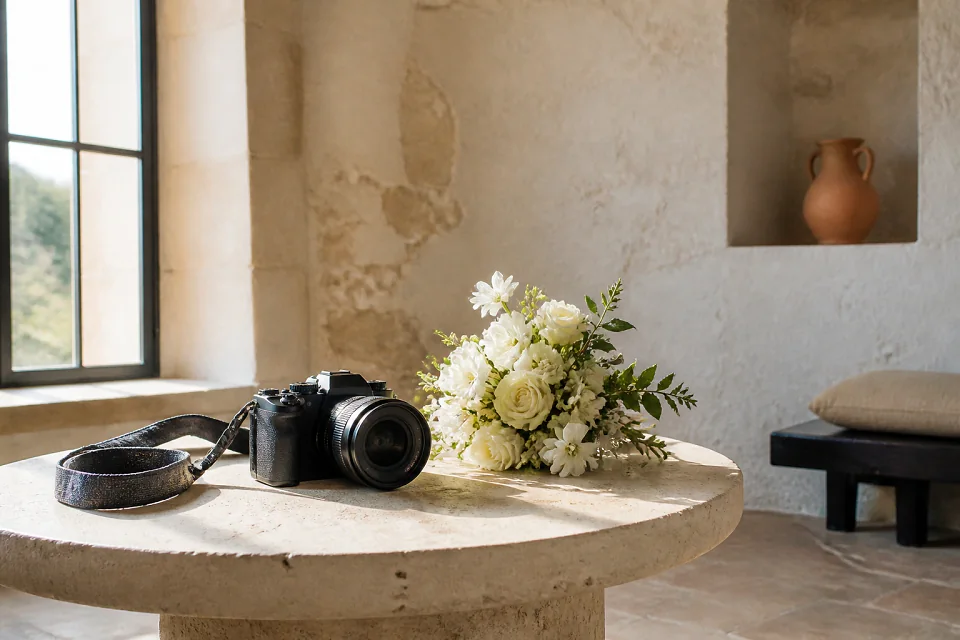 Appareil photo et accessoires de reportage de mariage — illustration générée par IA