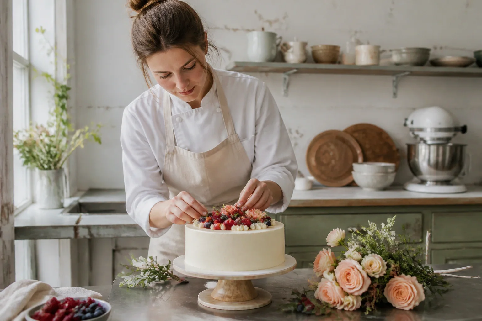 Gâteau de mariage préparé dans un atelier — illustration générée par IA