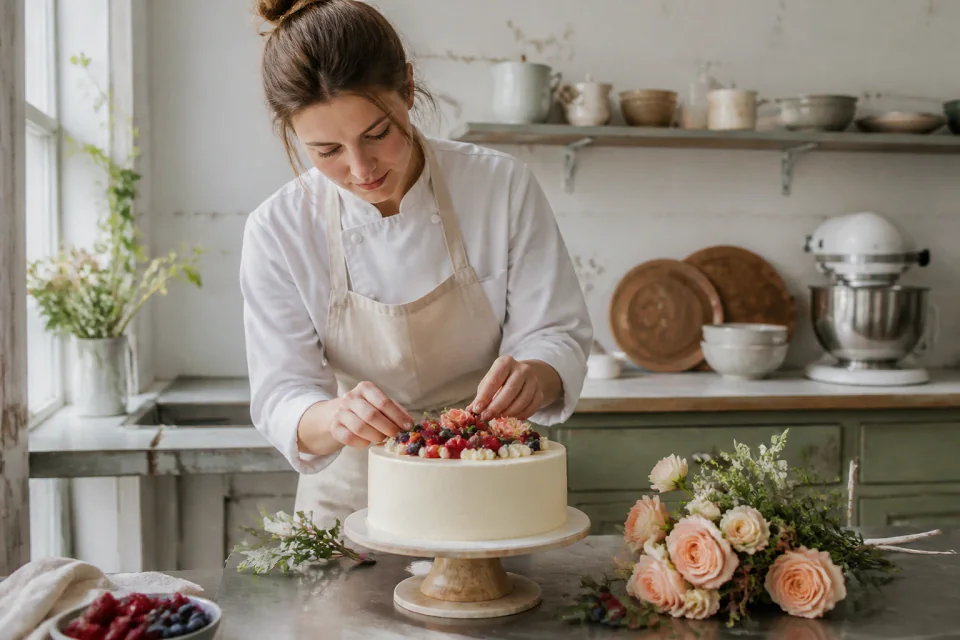 Gâteau de mariage préparé dans un atelier — illustration générée par IA