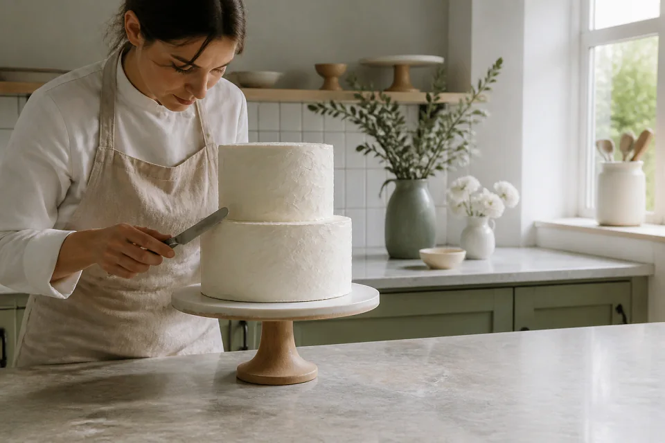 Gâteau de mariage préparé dans un atelier — illustration générée par IA