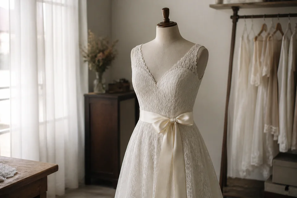 Robe de mariée dans un atelier de confection — illustration générée par IA