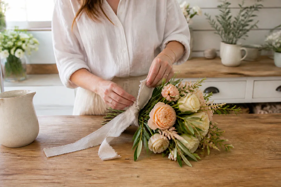 Préparation florale pour un mariage — illustration générée par IA