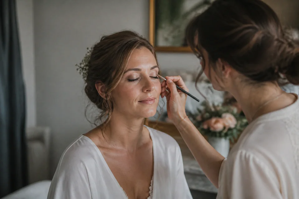 Préparation d’un maquillage de mariage — illustration générée par IA