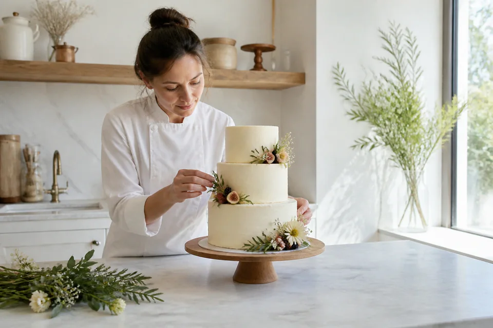 Gâteau de mariage préparé dans un atelier — illustration générée par IA