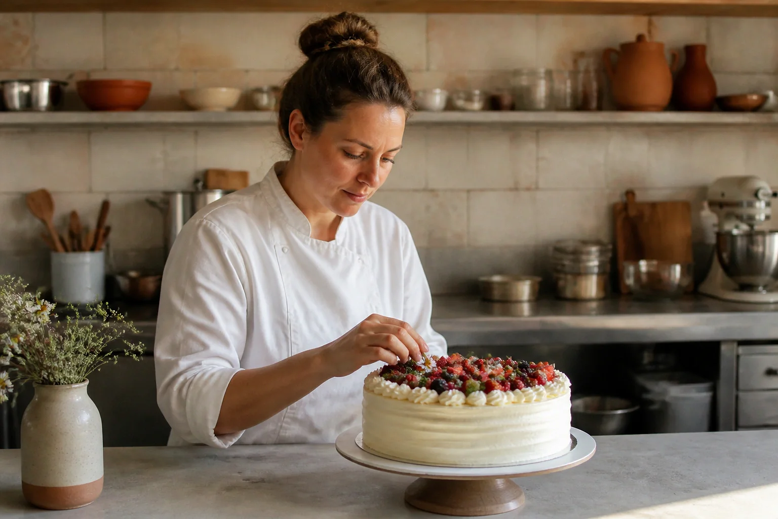 Gâteau de mariage préparé dans un atelier — illustration générée par IA