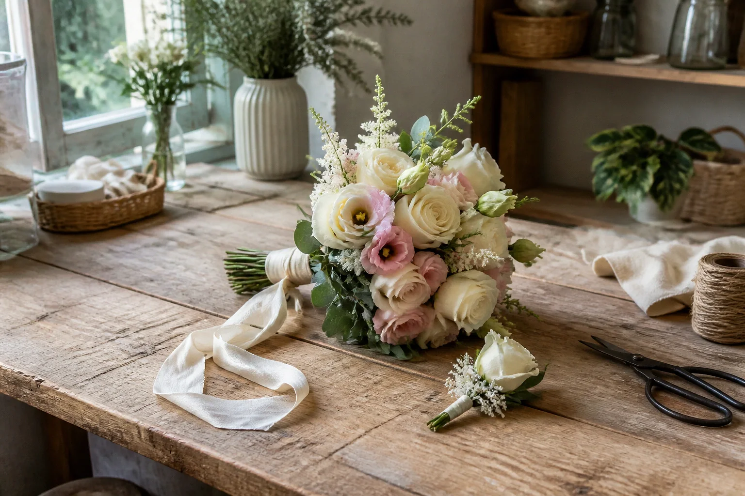 Préparation florale pour un mariage — illustration générée par IA