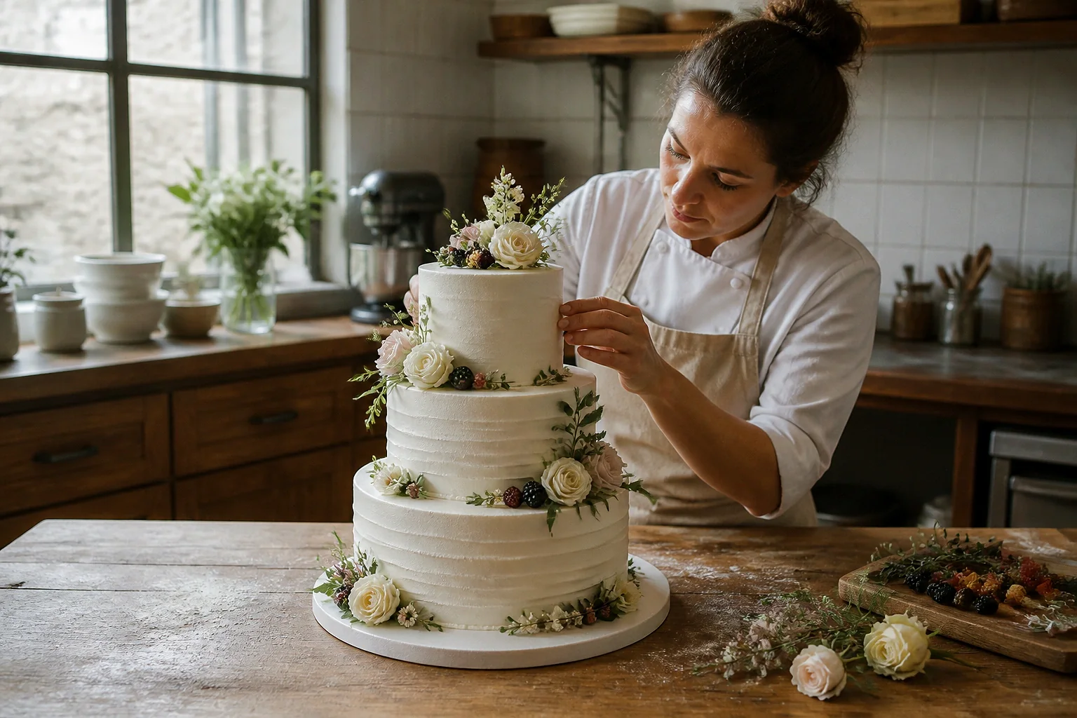 Gâteau de mariage préparé dans un atelier — illustration générée par IA