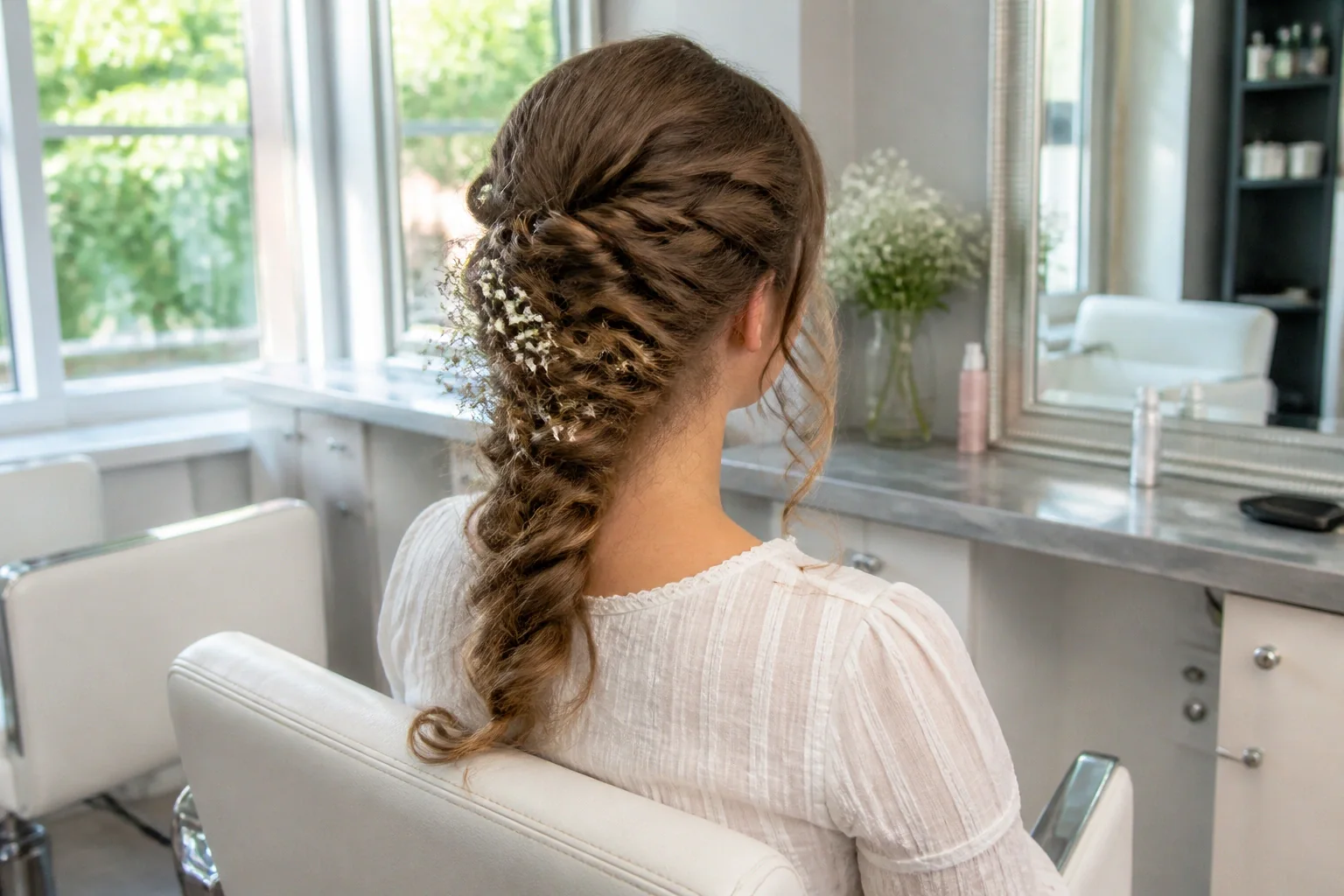 Coiffure de cérémonie vue pendant la préparation — illustration générée par IA