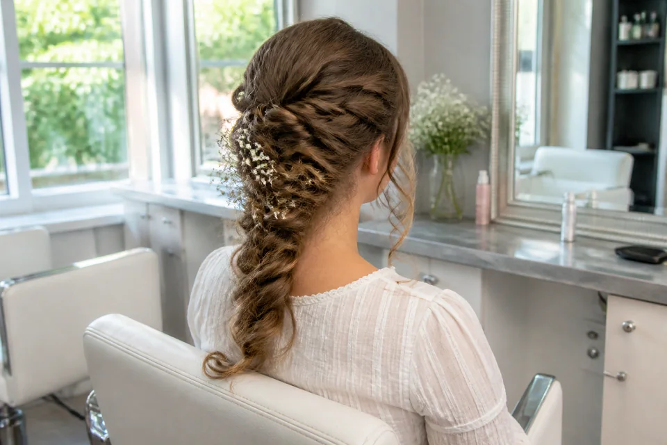 Coiffure de cérémonie vue pendant la préparation — illustration générée par IA