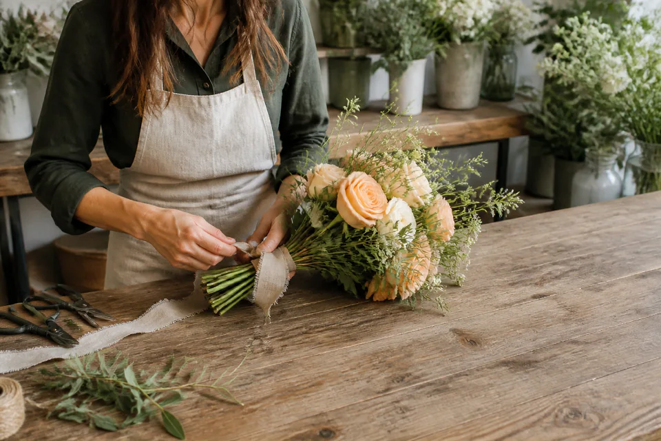 Préparation florale pour un mariage — illustration générée par IA
