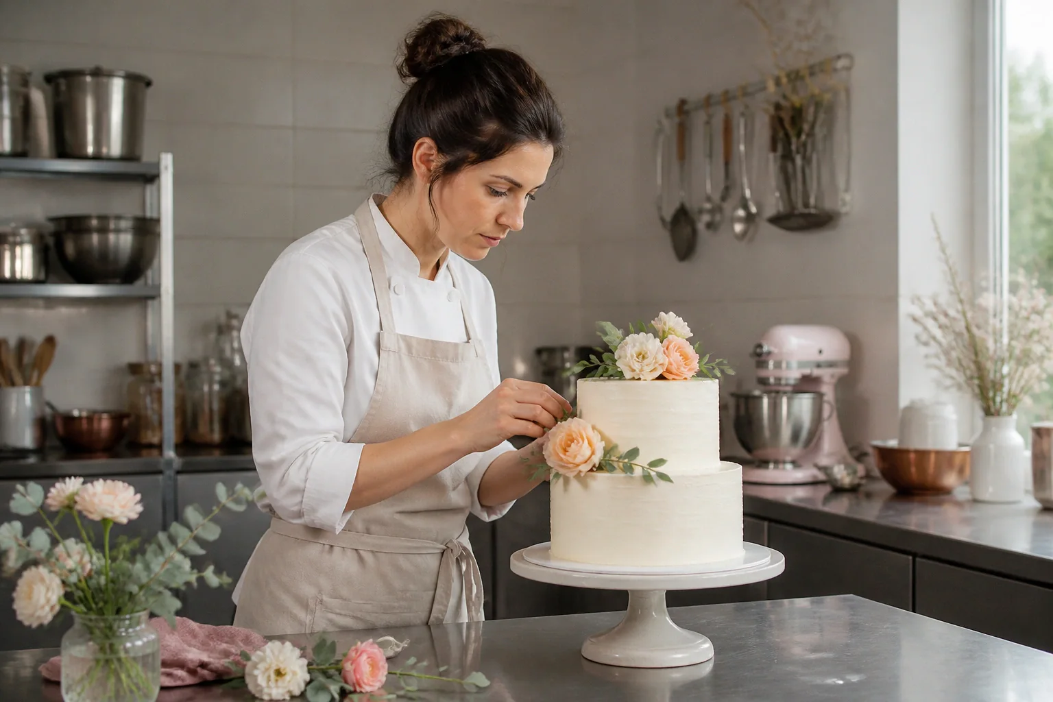 Gâteau de mariage préparé dans un atelier — illustration générée par IA