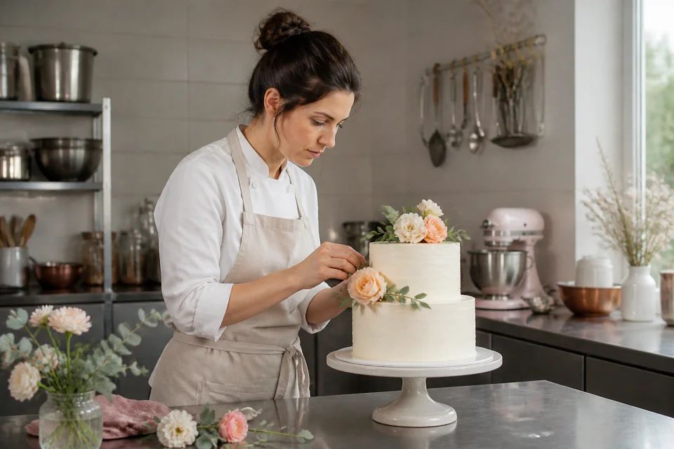Gâteau de mariage préparé dans un atelier — illustration générée par IA