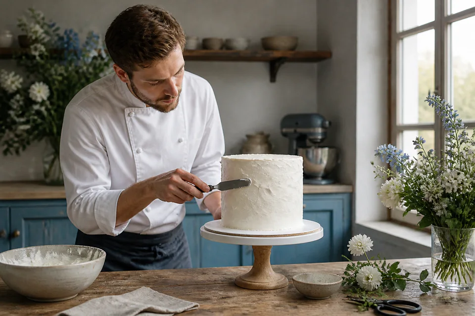 Gâteau de mariage préparé dans un atelier — illustration générée par IA