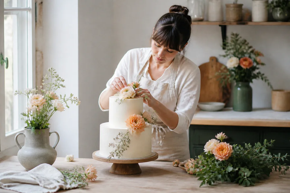 Gâteau de mariage préparé dans un atelier — illustration générée par IA
