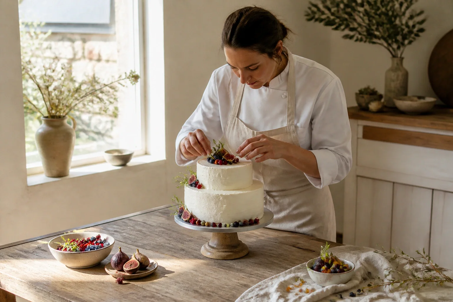Gâteau de mariage préparé dans un atelier — illustration générée par IA