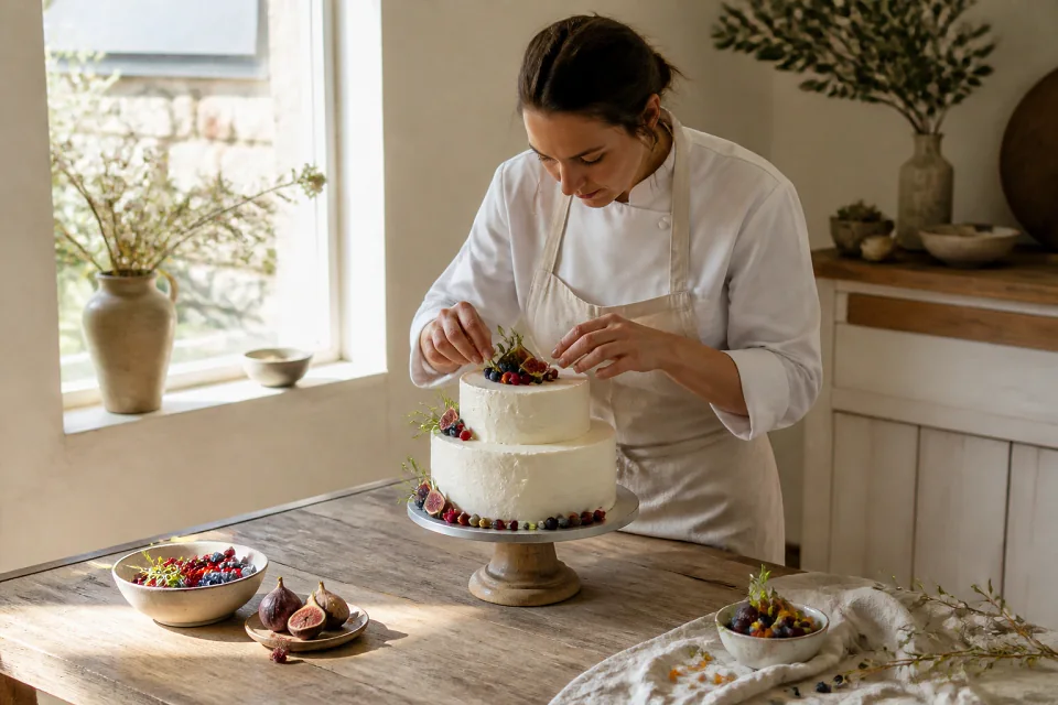Gâteau de mariage préparé dans un atelier — illustration générée par IA