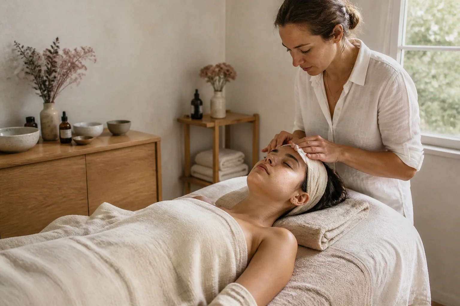 Préparation de soins esthétiques avant un mariage — illustration générée par IA