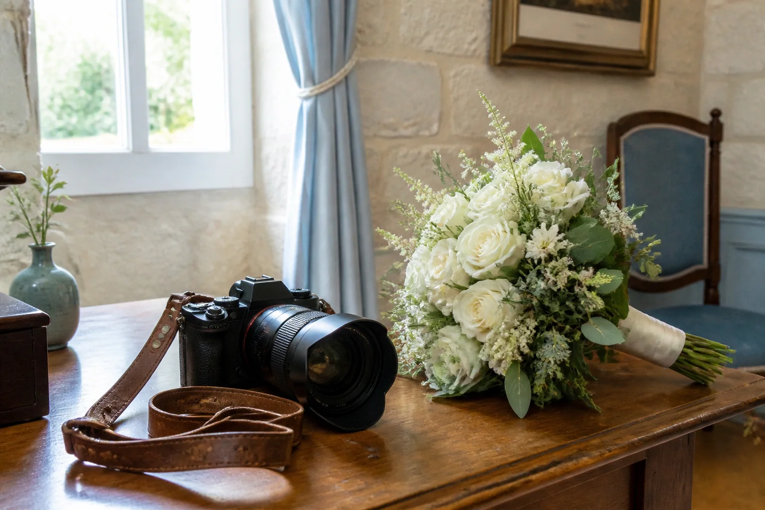 Appareil photo et accessoires de reportage de mariage — illustration générée par IA