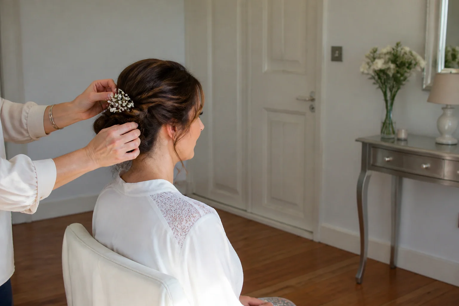 Coiffure de cérémonie vue pendant la préparation — illustration générée par IA