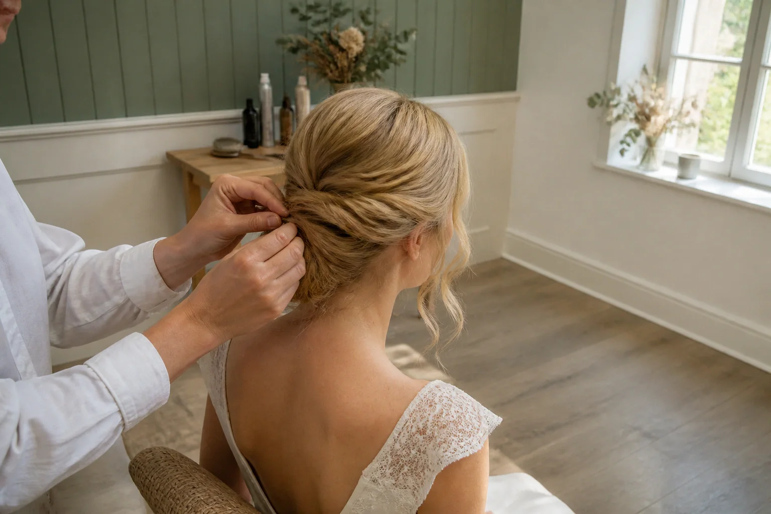 Coiffure de cérémonie vue pendant la préparation — illustration générée par IA