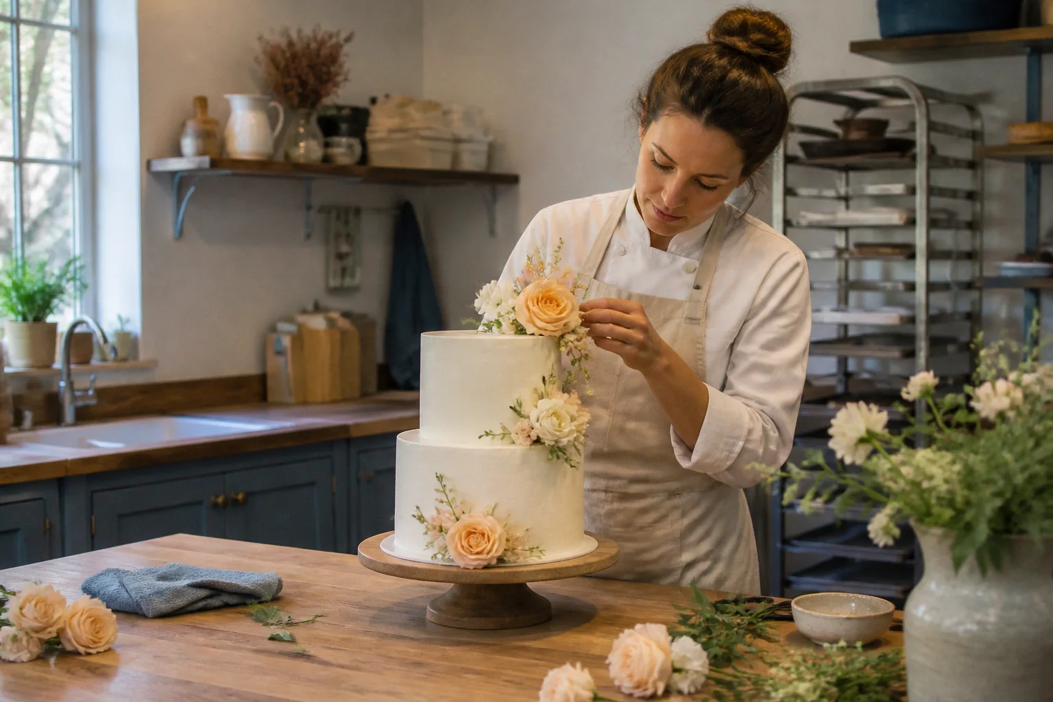 Gâteau de mariage préparé dans un atelier — illustration générée par IA