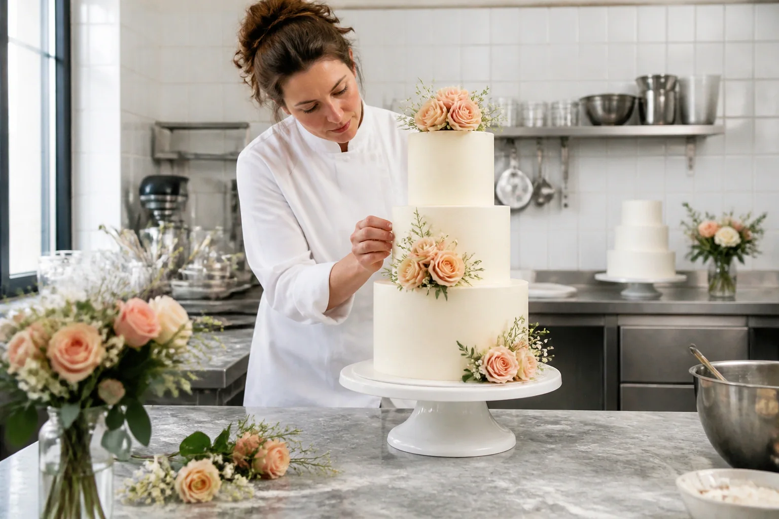 Gâteau de mariage préparé dans un atelier — illustration générée par IA