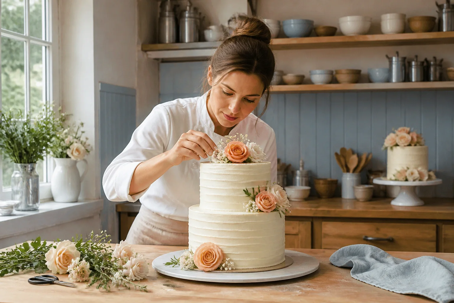 Gâteau de mariage préparé dans un atelier — illustration générée par IA