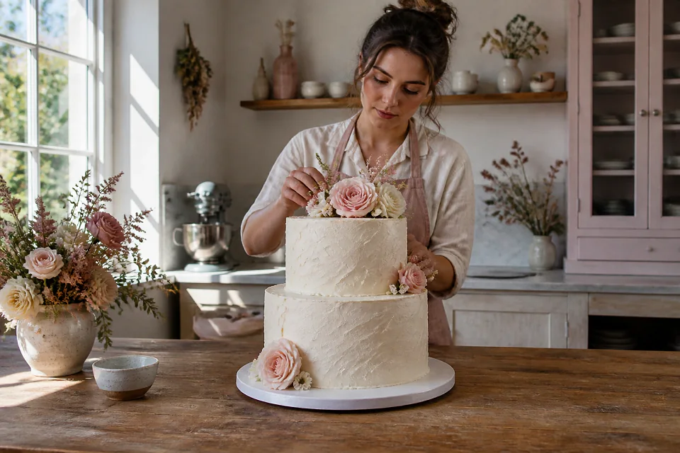 Gâteau de mariage préparé dans un atelier — illustration générée par IA