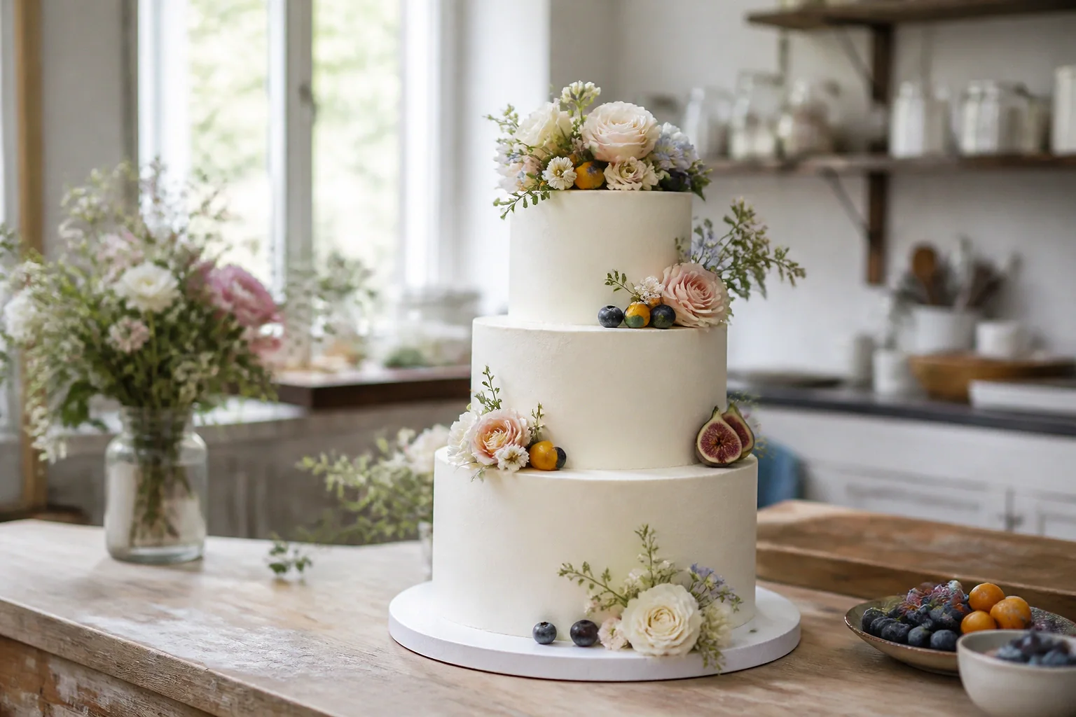 Gâteau de mariage préparé dans un atelier — illustration générée par IA
