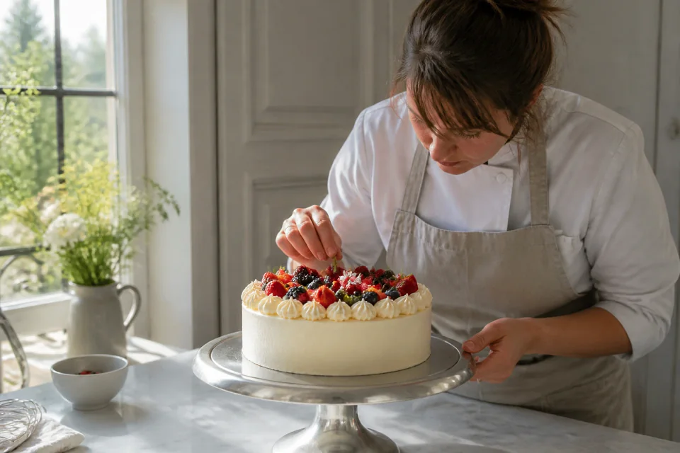Gâteau de mariage préparé dans un atelier — illustration générée par IA