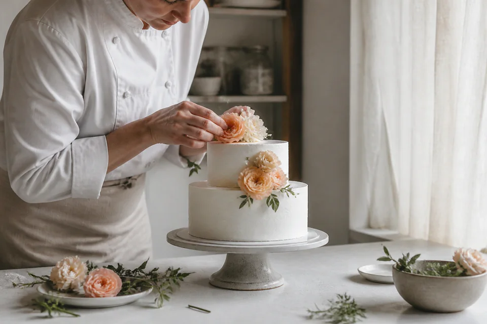 Gâteau de mariage préparé dans un atelier — illustration générée par IA