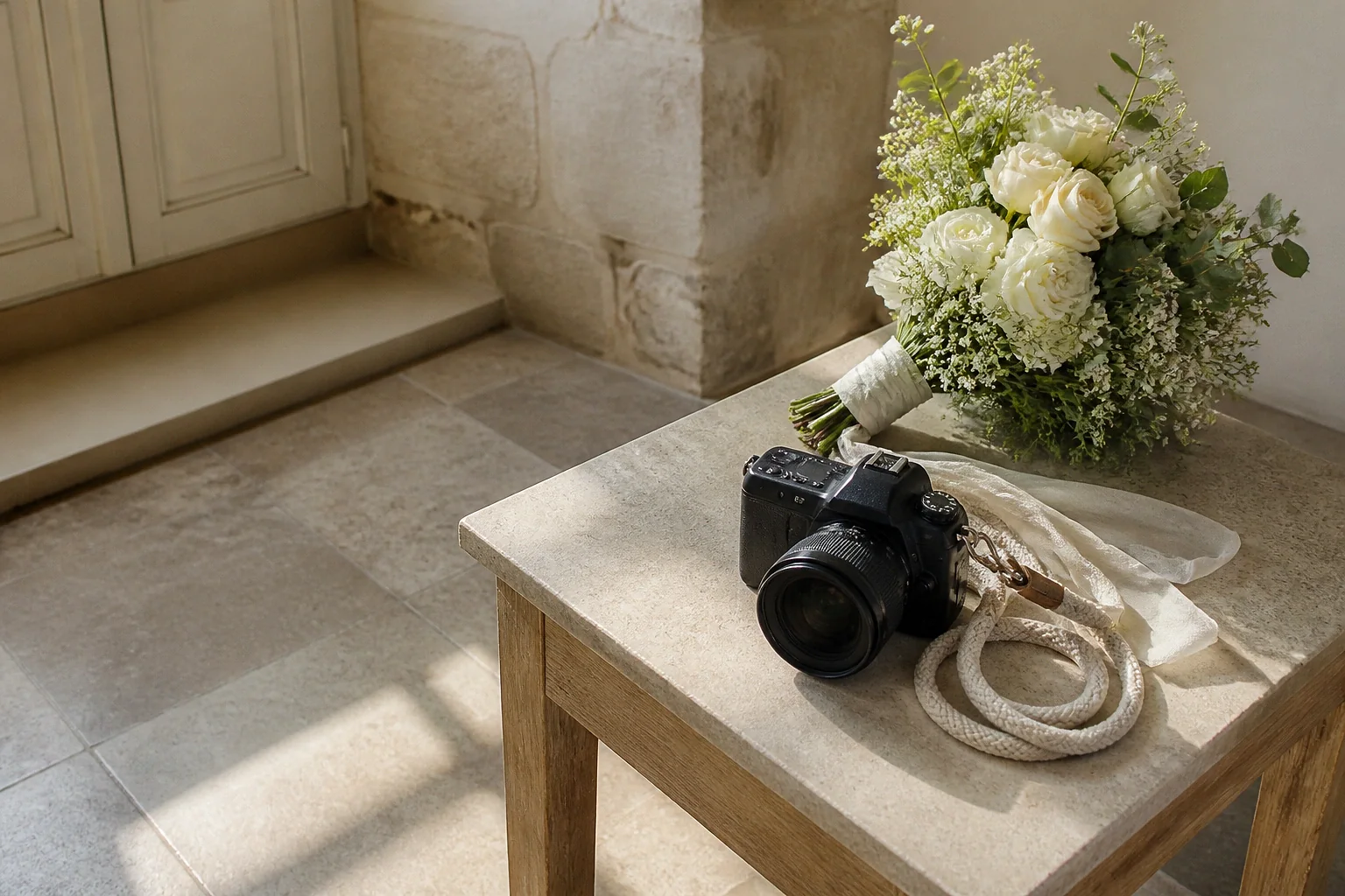 Appareil photo et accessoires de reportage de mariage — illustration générée par IA