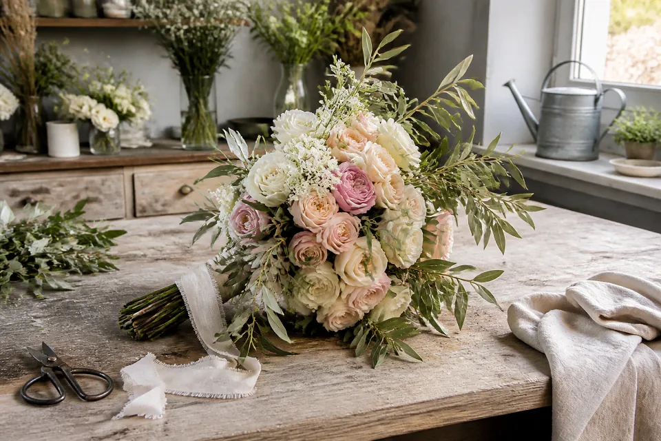 Préparation florale pour un mariage — illustration générée par IA