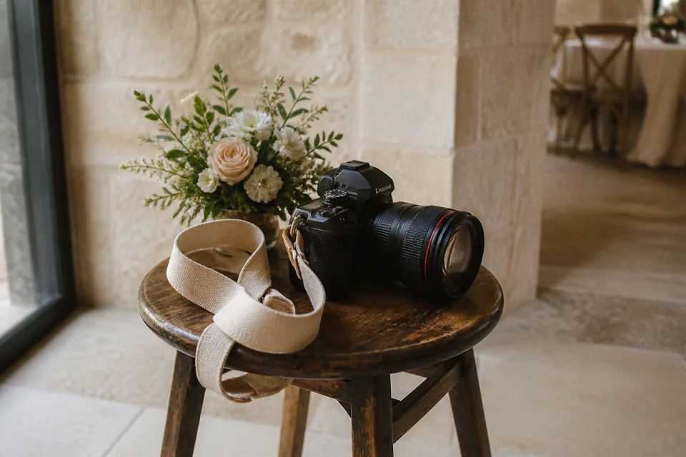 Appareil photo et accessoires de reportage de mariage — illustration générée par IA