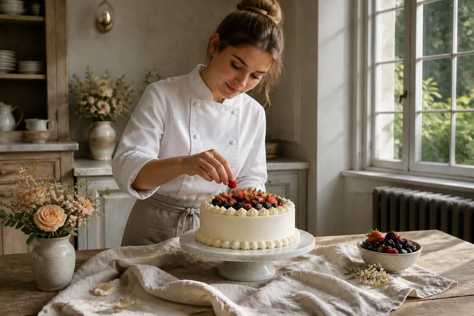 Gâteau de mariage préparé dans un atelier — illustration générée par IA