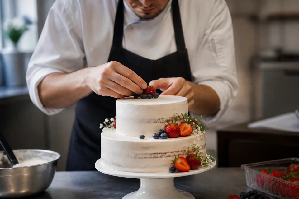 Gâteau de mariage préparé dans un atelier — illustration générée par IA