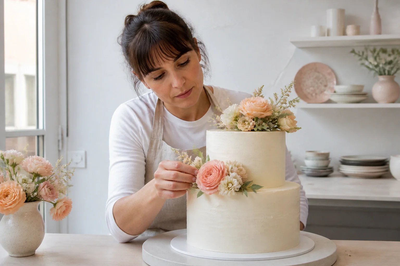 Gâteau de mariage préparé dans un atelier — illustration générée par IA