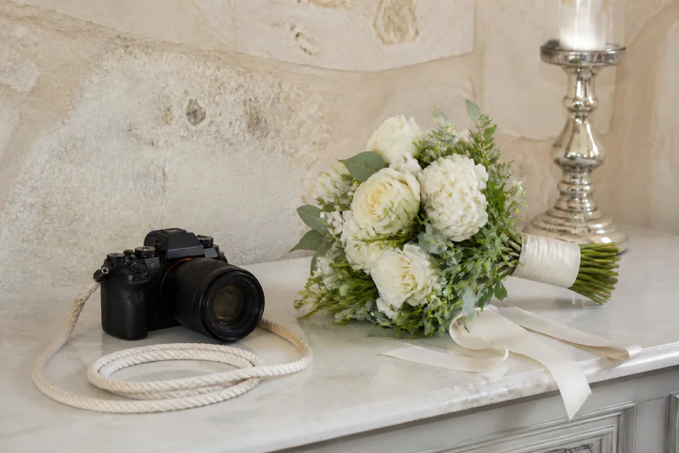 Appareil photo et accessoires de reportage de mariage — illustration générée par IA