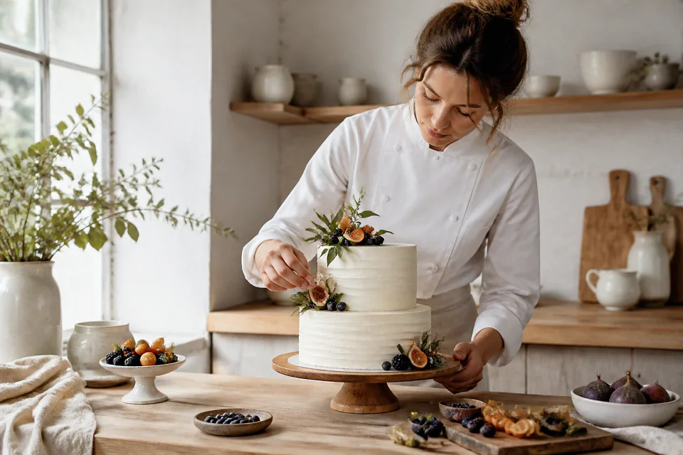 Gâteau de mariage préparé dans un atelier — illustration générée par IA
