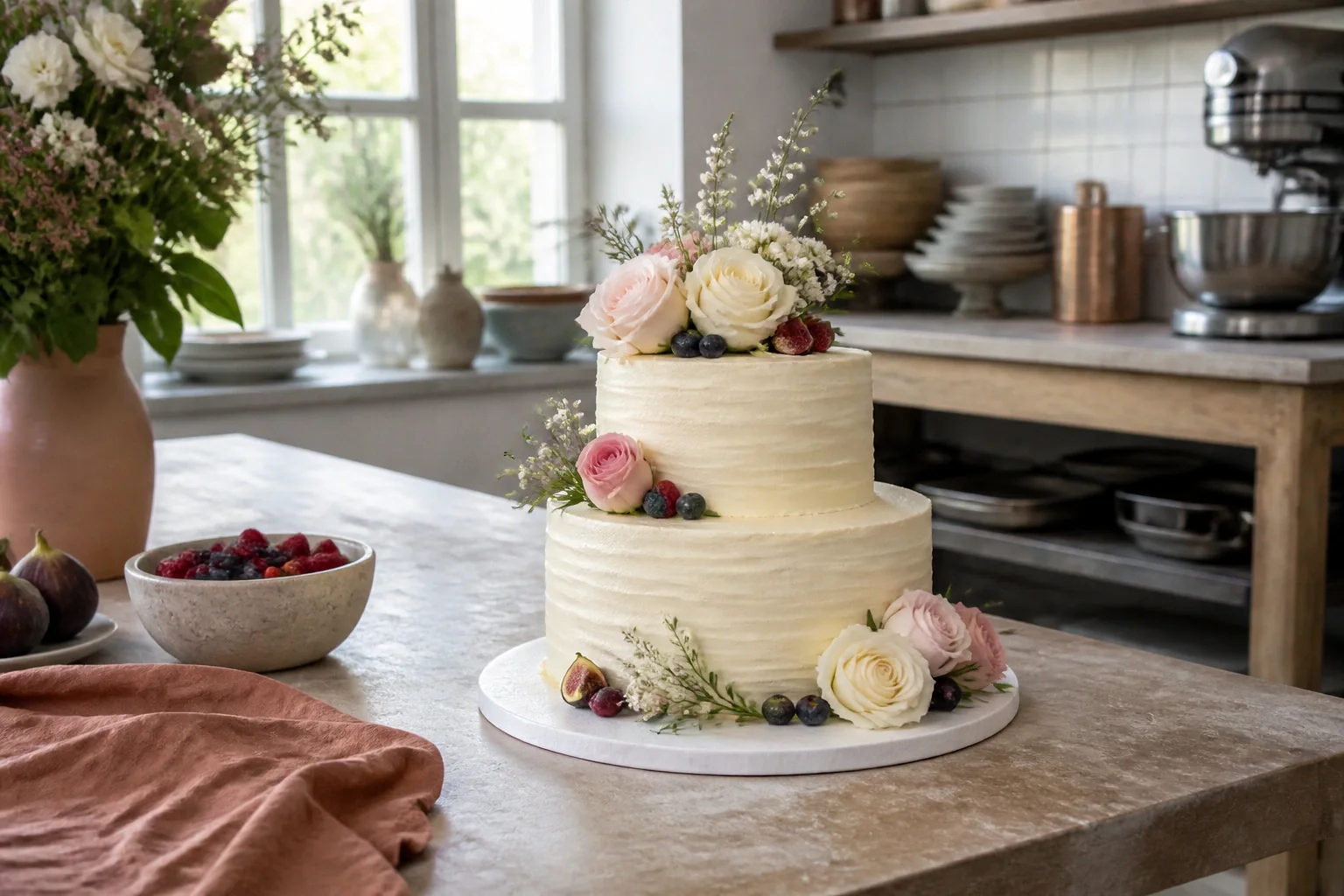 Gâteau de mariage préparé dans un atelier — illustration générée par IA