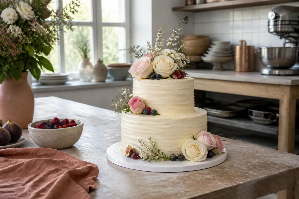 Gâteau de mariage préparé dans un atelier — illustration générée par IA