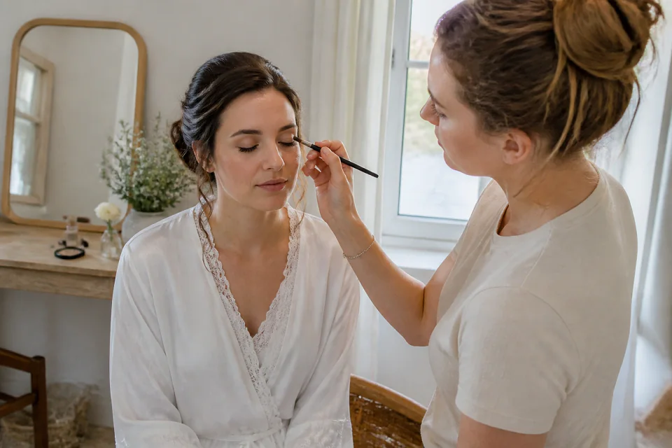Préparation d’un maquillage de mariage — illustration générée par IA