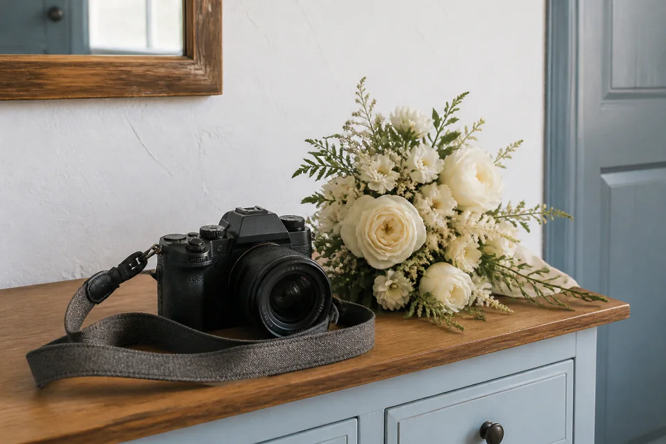 Appareil photo et accessoires de reportage de mariage — illustration générée par IA