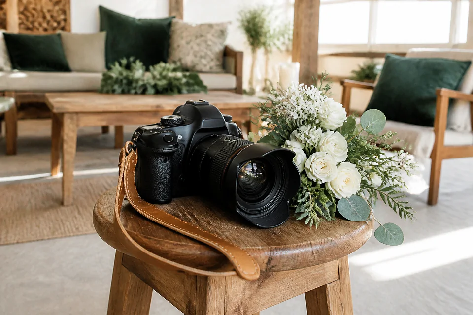 Appareil photo et accessoires de reportage de mariage — illustration générée par IA