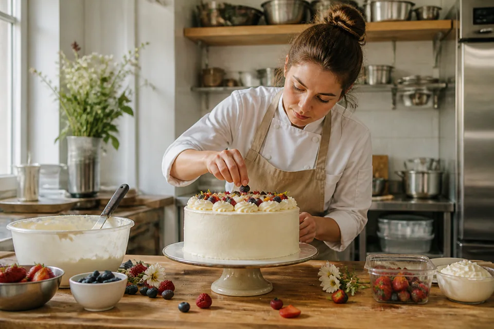 Gâteau de mariage préparé dans un atelier — illustration générée par IA