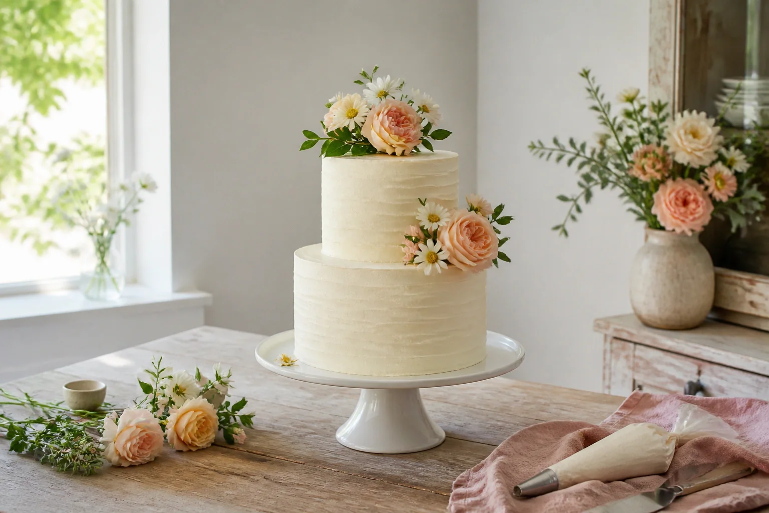 Gâteau de mariage préparé dans un atelier — illustration générée par IA