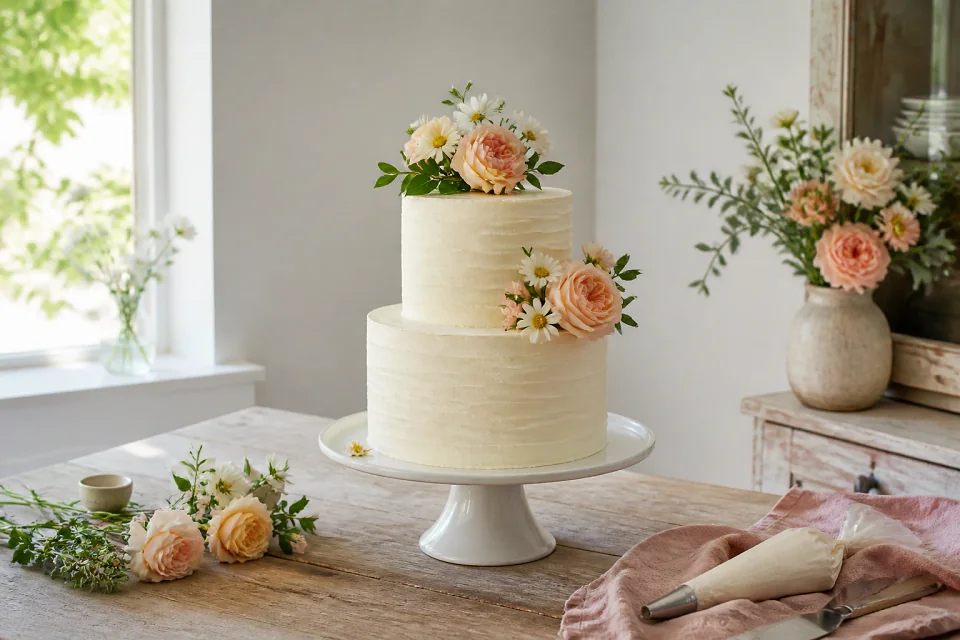 Gâteau de mariage préparé dans un atelier — illustration générée par IA