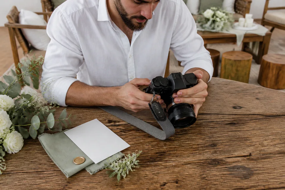 Appareil photo et accessoires de reportage de mariage — illustration générée par IA