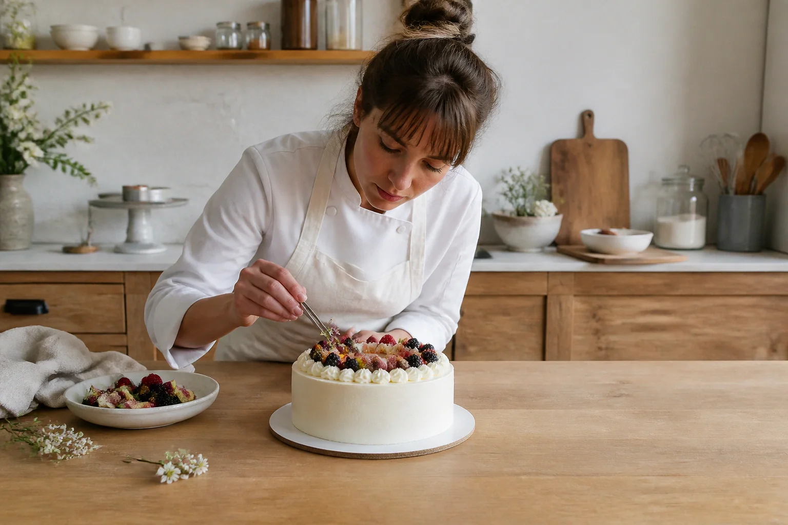 Gâteau de mariage préparé dans un atelier — illustration générée par IA