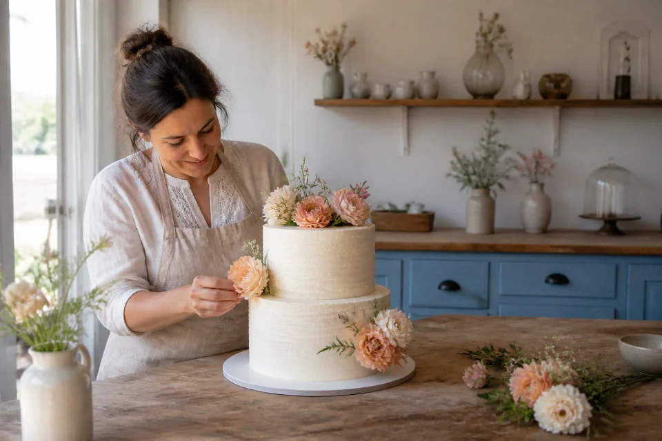 Gâteau de mariage préparé dans un atelier — illustration générée par IA